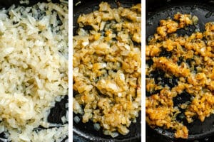 Three side-by-side images show chopped onions in a pan at different stages: raw, lightly browned, and deeply caramelized.