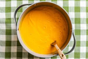 A pot of orange soup or sauce with a wooden spoon rests on a green and white checkered tablecloth.