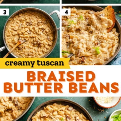 Step-by-step images showing the preparation and serving of creamy Tuscan braised beans in a pan, garnished with herbs and Parmesan cheese, accompanied by bread.
