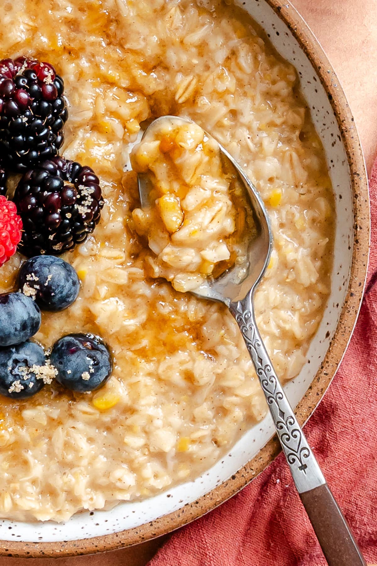 A bowl of chickpea oatmeal topped with blackberries, blueberries, raspberries, and brown sugar, with a spoon resting in the oatmeal.