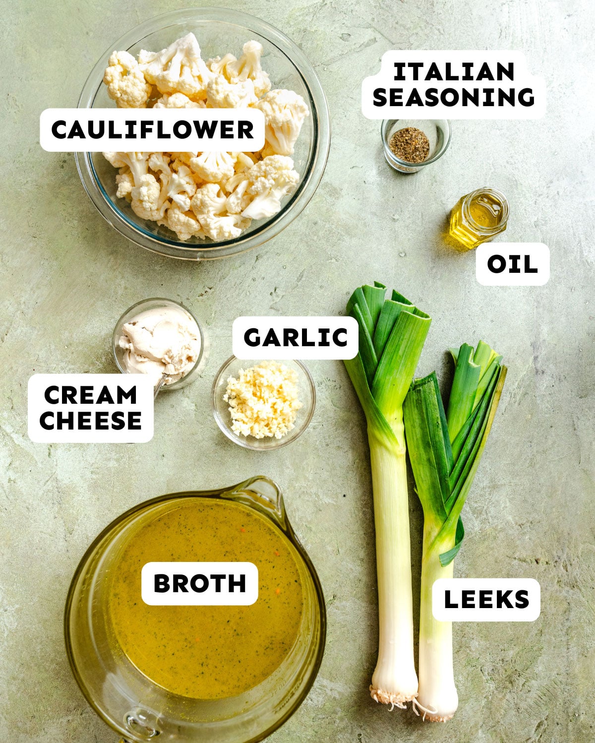 Ingredients for a cauliflower leek soup recipe are arranged on a countertop: cauliflower, leeks, broth, garlic, cream cheese, oil, and Italian seasoning, each labeled with text.