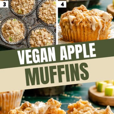 A step-by-step collage showing the preparation and finished result of vegan apple muffins, featuring mixing ingredients, filling muffin tins, baking the vegan apple muffins with icing, and a split muffin to reveal its moist texture.