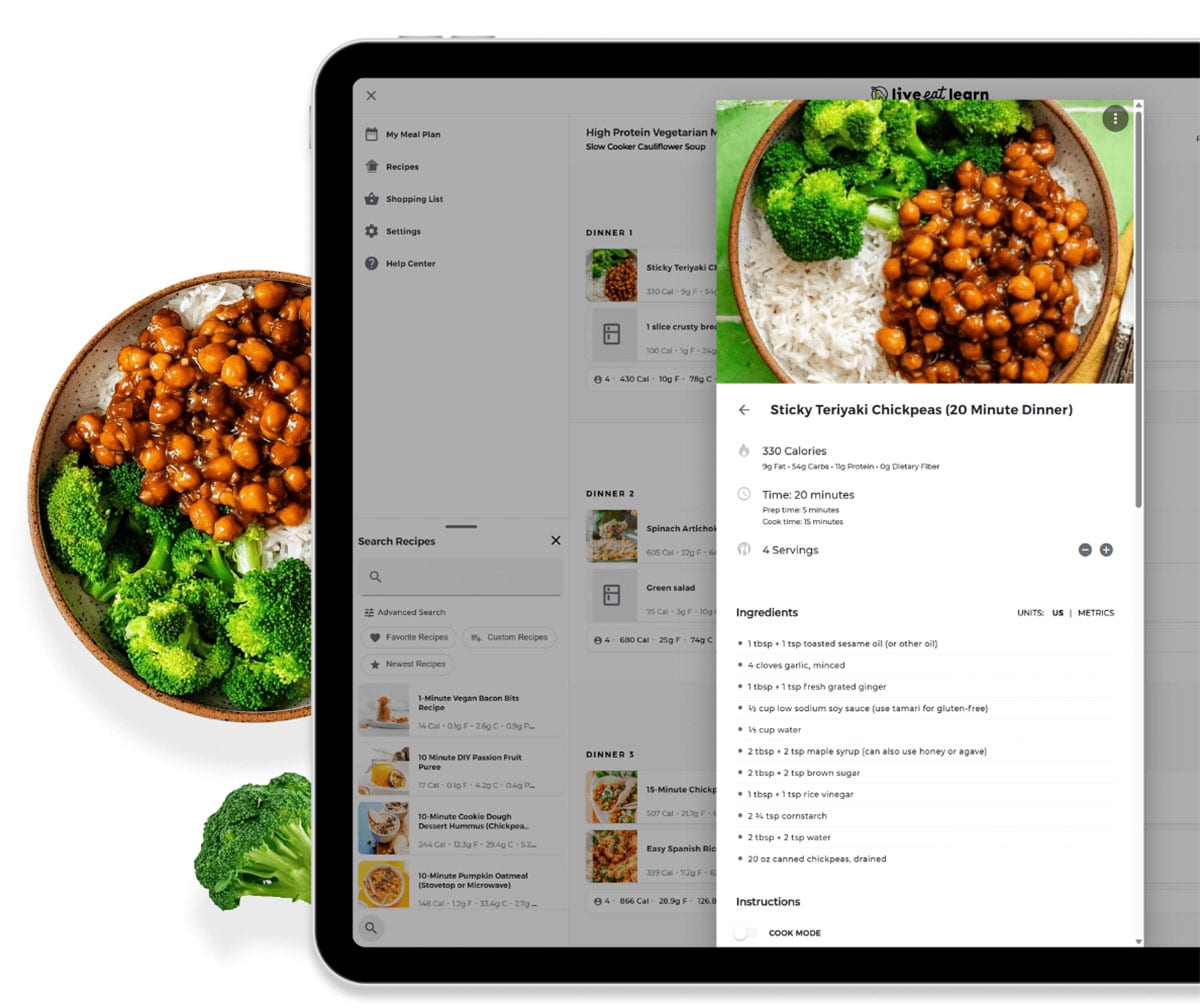 A tablet displays a recipe for sticky teriyaki chickpeas from the Paid Meal Plans service next to a bowl of rice, chickpeas, and broccoli, with extra broccoli placed nearby.
