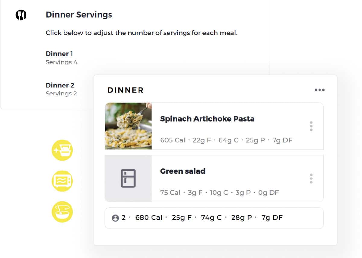 Screenshot of a meal planner from Paid Meal Plans showing dinner servings for two nights, featuring spinach artichoke pasta and green salad, complete with calorie and nutrition details.