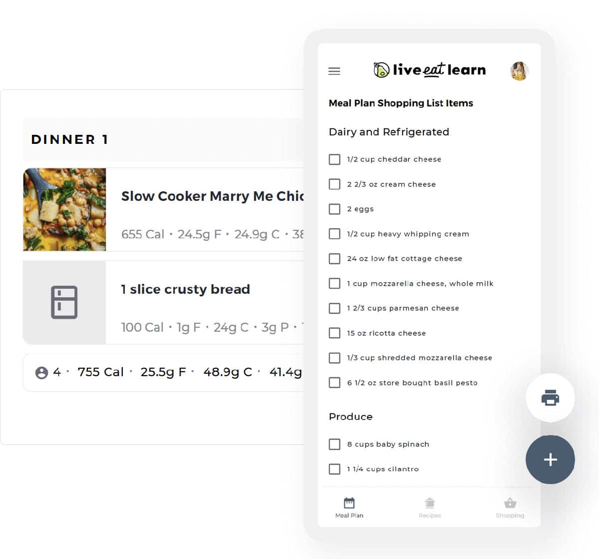 A meal planning app interface showing a dinner recipe with nutrition info, a shopping list of ingredients divided by category, and access to exclusive Paid Meal Plans for tailored dining options.