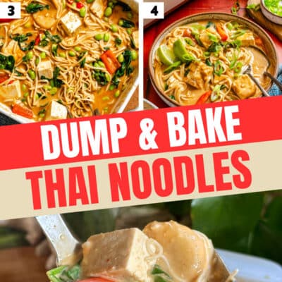 Collage showing steps to make Thai noodle casserole: mixing sauce, adding noodles and veggies, baking, and a close-up of the finished noodle dish with tofu, bell peppers, and edamame.