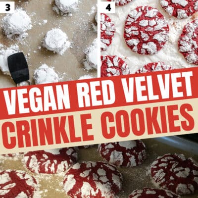 Step-by-step process of making vegan red velvet crinkle cookies, showing how to mix the dough, coat the cookies in powdered sugar, and bake. Finished vegan red velvet crinkle cookies are displayed fresh on a tray.