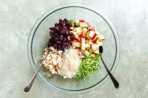A glass bowl contains chopped apples, dried cranberries, sliced almonds, shredded cheese, and shredded greens, each arranged in separate sections with two spoons.