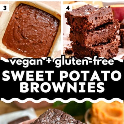 Step-by-step images show how to make sweet potato brownies that are vegan and gluten-free, from mixing ingredients to the finished, sliced brownies.