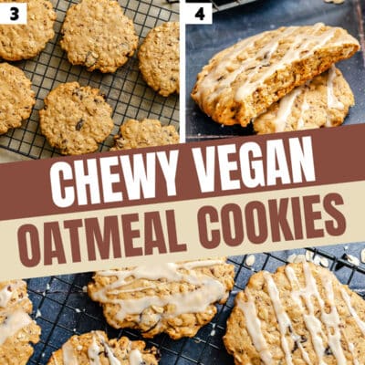 Step-by-step process of making chewy vegan oatmeal cookies, showing dough preparation, shaped cookies, baked cookies on a cooling rack, and finished cookies with icing drizzle.
