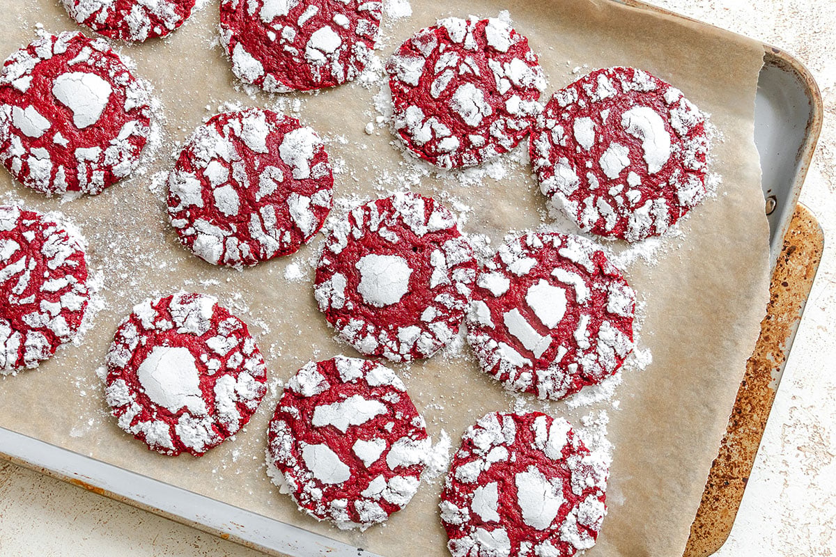 A baking sheet lined with parchment paper holds several red crinkle cookies dusted with powdered sugar.
