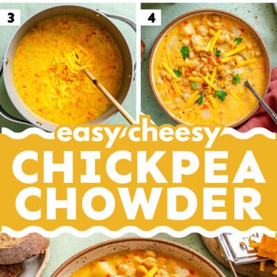 Step-by-step images illustrate how to make chickpea chowder, from chopped vegetables and chickpeas simmering in a pot to a bowl of creamy soup finished with fresh herbs and shredded cheese.