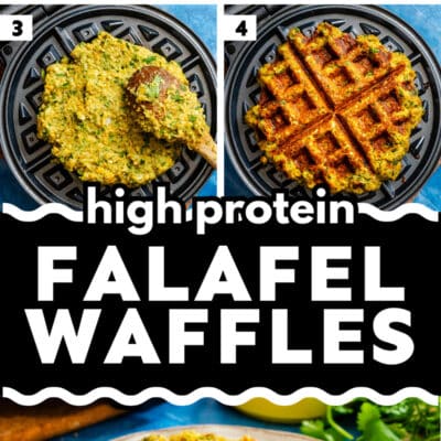 Step-by-step collage shows falafel waffles made by blending chickpeas and veggies, pouring the batter into a waffle maker, then serving the high-protein waffles with sauce on a plate.