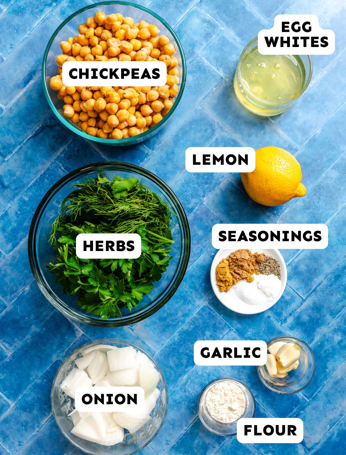 Bowls on a blue surface containing chickpeas, chopped herbs, onion, garlic, egg whites, lemon, flour, and various seasonings, each ingredient labeled.