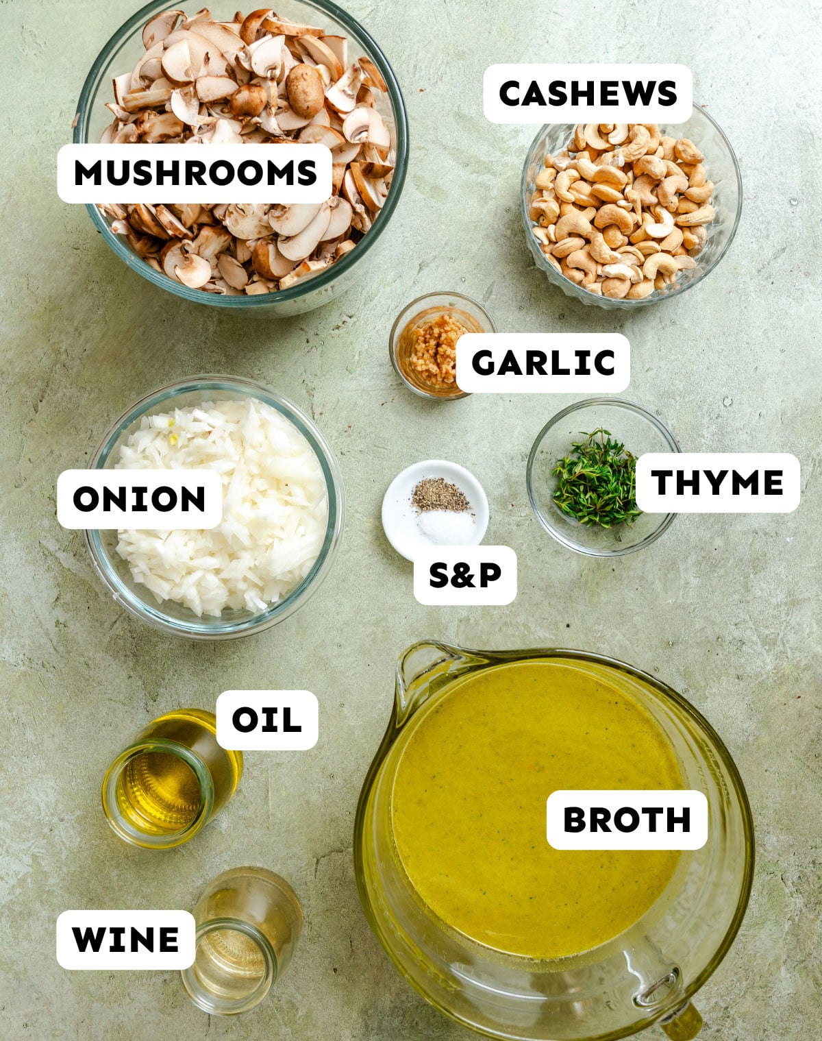Bowls containing sliced mushrooms, cashews, chopped onion, minced garlic, thyme, salt and pepper, oil, wine, and a pitcher of broth arranged on a light surface. Each is labeled.