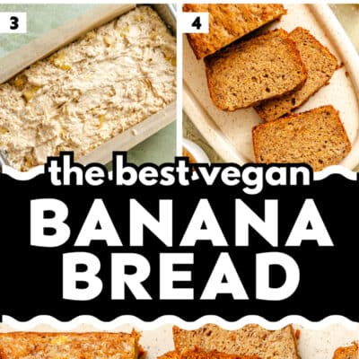 Step-by-step images detail how to make vegan banana bread, from mashing bananas to mixing and baking, finishing with perfectly sliced vegan banana bread. Text reads the best vegan banana bread.