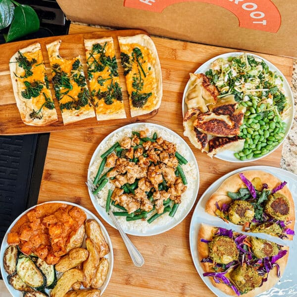 A table with plates of food.