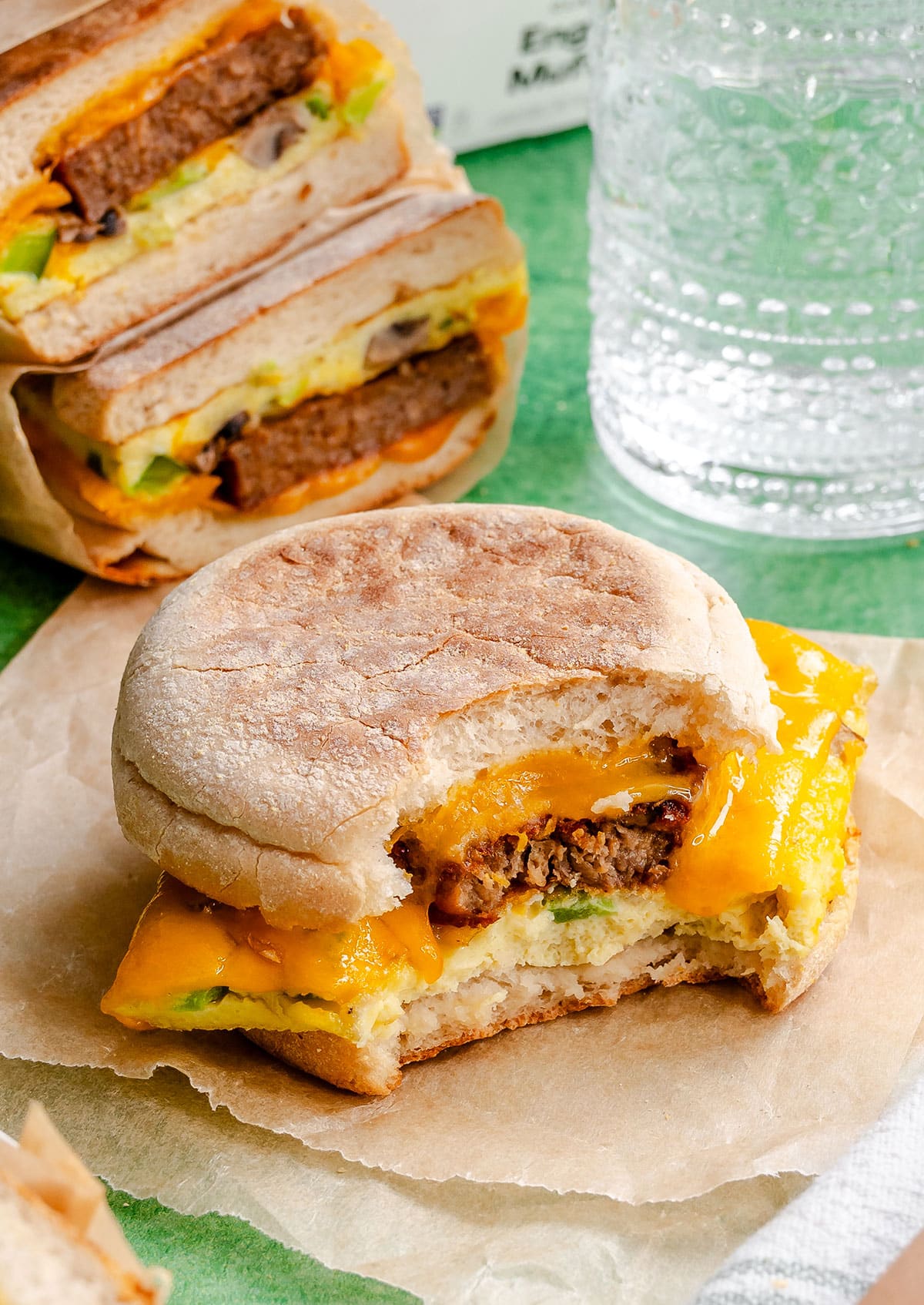 A vegetarian breakfast sandwich with egg, cheddar cheese, and sausage on an English muffin, with a bite taken out, sits on parchment paper. Cut sandwiches and a glass of water are in the background.