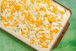 A tray of blended eggs with cheese and sauce.