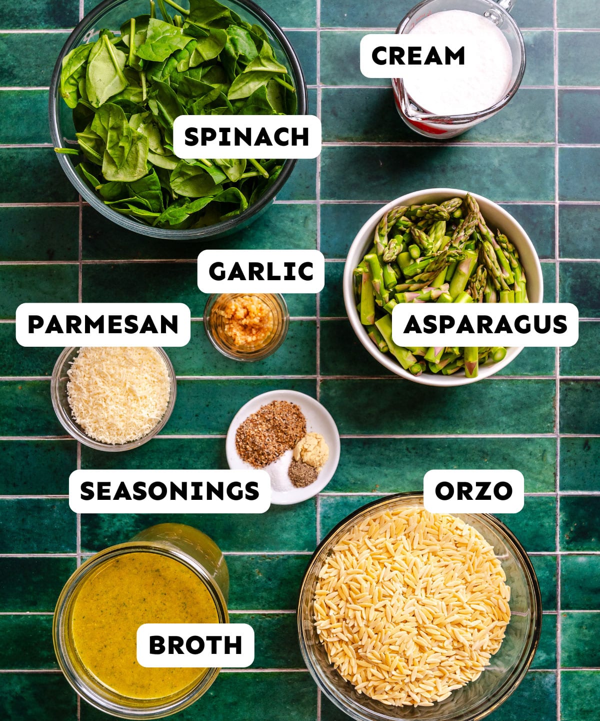 Bowls of spinach, cream, parmesan, garlic, asparagus, seasonings, broth, and orzo arranged on a green tiled surface, each ingredient labeled.