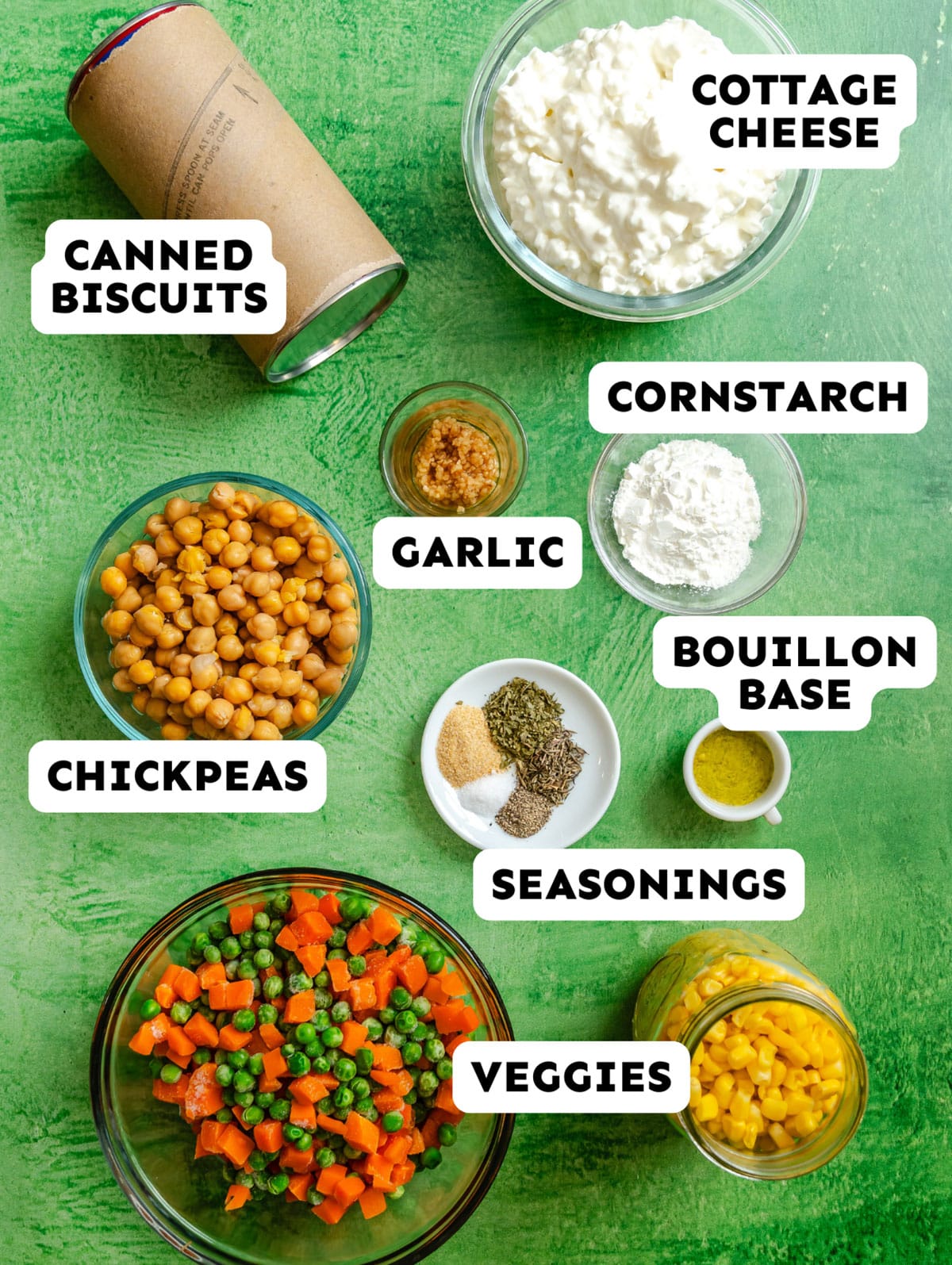 Overhead view of labeled ingredients on a green surface for a vegetable pot pie casserole: canned biscuits, cottage cheese, cornstarch, garlic, bouillon base, seasonings, chickpeas, mixed veggies, and corn.