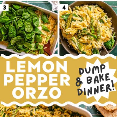 Step-by-step images showing the preparation of a lemon pepper orzo bake with asparagus and spinach, followed by the finished baked dish in a casserole pan.