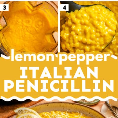 Four-step collage showing the process of making lemon pepper Italian penicillin soup with vegetables, blending, ladling finished soup, and a bowl garnished with lemon and cheese.