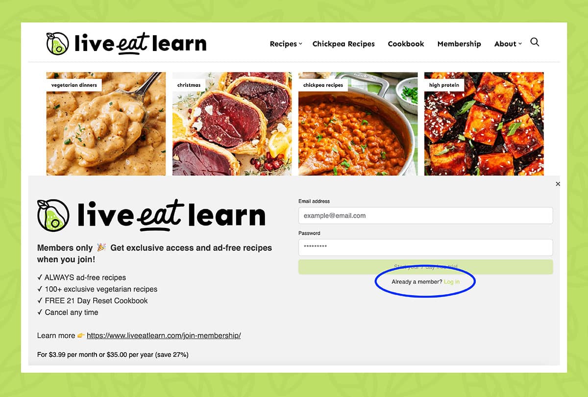 A website sign-up page for Live Eat Learn offering ad-free recipes, exclusive content, and access to the Membership Resource Library, with a login link circled in blue at the bottom right.