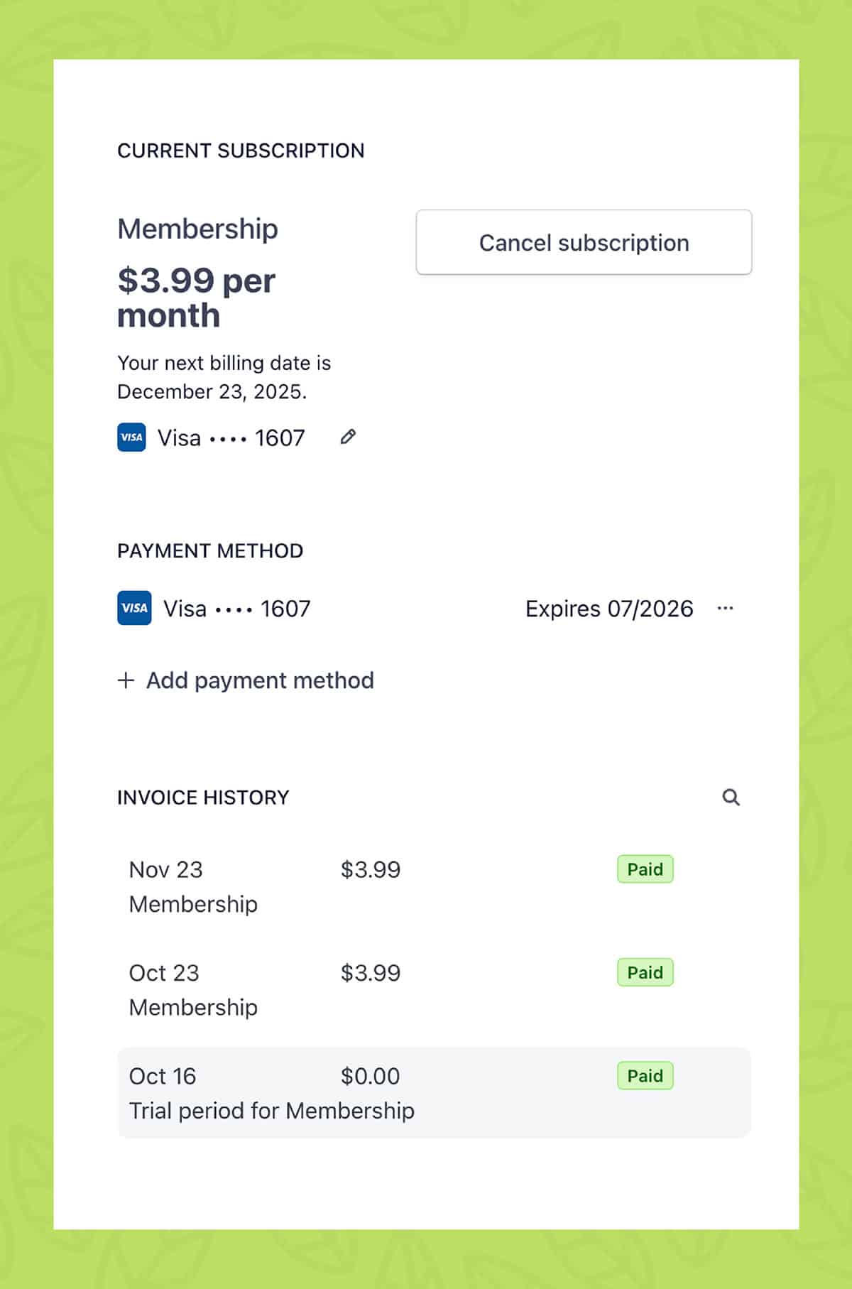 A subscription page showing a $3.99 monthly Membership Resource Library, payment method ending in 1607, next billing date December 23, 2025, and recent paid invoices.