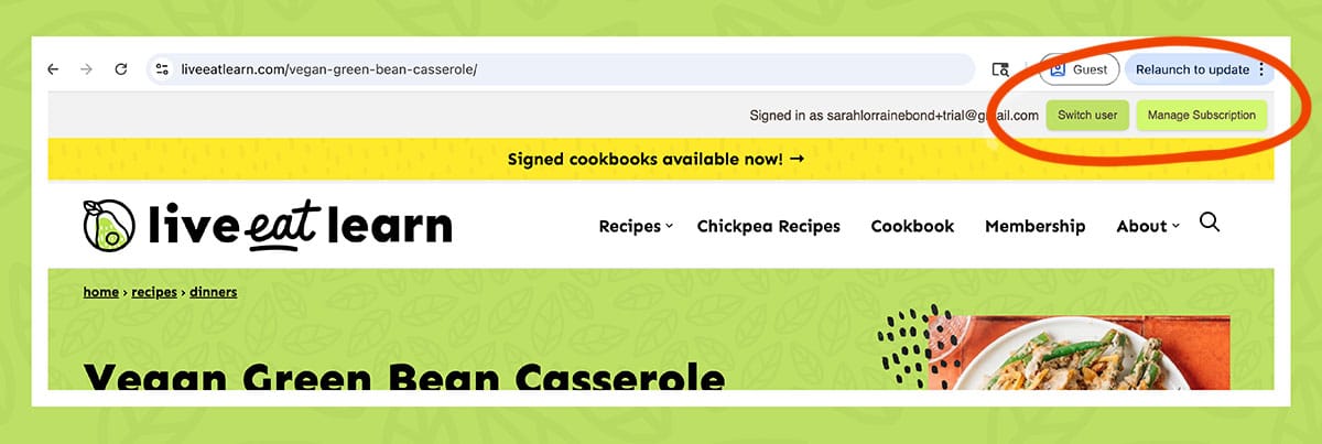 Screenshot of a Vegan Green Bean Casserole recipe webpage on Live Eat Learn, with the user’s account options and Membership Resource Library access circled in the upper right corner.