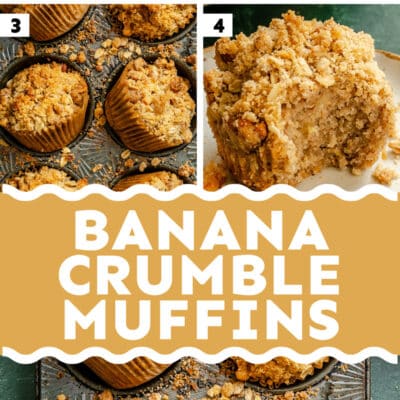 Step-by-step images show the process of making vegan banana muffins, from mixing batter and adding streusel topping to baking and a final close-up of these delicious streusel muffins.