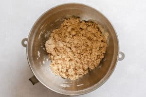 A metal mixing bowl containing crumbly, light brown dough on a light-colored surface.