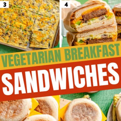 A step-by-step collage showing the preparation and final presentation of vegetarian breakfast sandwiches with eggs, cheese, and English muffins.