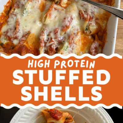 A baked dish of vegetarian stuffed shells covered in tomato sauce and melted cheese, served on a white plate, labeled High Protein Stuffed Shells.