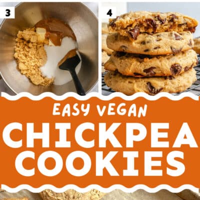 Step-by-step images showing chickpeas blended into dough, mixed with chocolate chips, baked into cookies, and stacked; text reads “Easy Vegan Chickpea Cookies.”.
