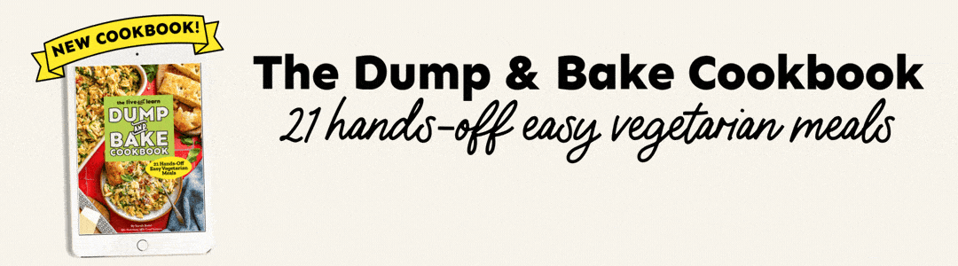An image of a cookbook titled Dump & Bake Cookbook on a tablet, featuring 21 hands-off easy vegetarian recipe meals and a banner that says NEW COOKBOOK!.