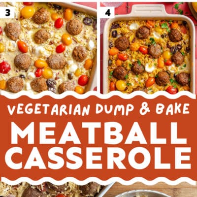 Five-step photo collage shows how to make a vegetarian meatball casserole with rice, tomatoes, and cheese, topped with cooked meatballs and ready to serve in a baking dish.