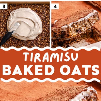 Step-by-step images show the process of making tiramisu baked oats, from mixing ingredients to baking, topping with cream, dusting with cocoa, and serving a sliced portion.