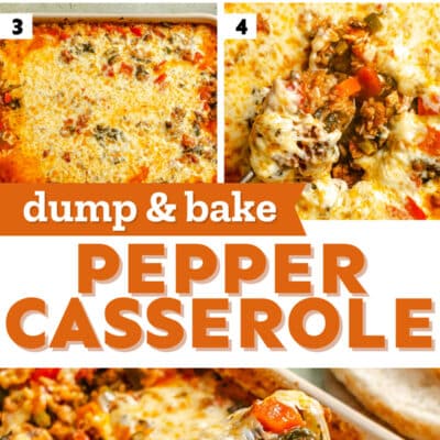 Step-by-step images showing the preparation and baked result of an unstuffed pepper casserole with ground meat, vegetables, sauce, and melted cheese.