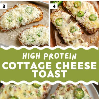 A step-by-step collage showing the process of making high protein cottage cheese toast with chopped onions, green onions, jalapeño slices, and melted cheese on bread.