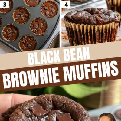 A step-by-step collage showing the process of making black bean muffins, from blending ingredients to baked treats, with a person holding finished muffins.