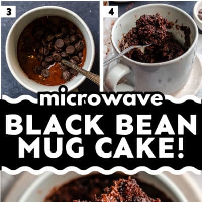 Step-by-step images show making a Chocolate Mug Cake with black beans, featuring ingredients mixed in a mug, microwaved, and a spoonful of the finished chocolate cake displayed.