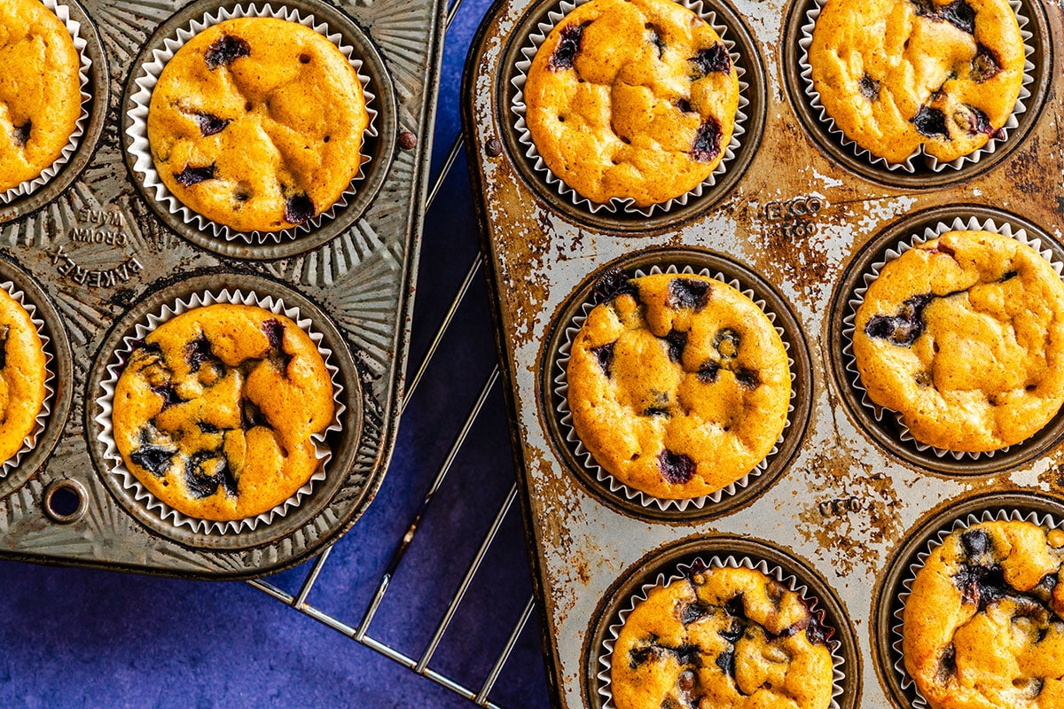 Two muffin pans filled with freshly baked chocolate chip muffins are resting on a wire rack.