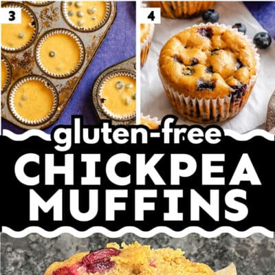 Step-by-step process of making gluten-free chickpea muffins with blueberries, showing ingredients in a food processor, batter mixed with blueberries, filled muffin tins, freshly baked chickpea muffins, and a sliced muffin to reveal its moist texture.
