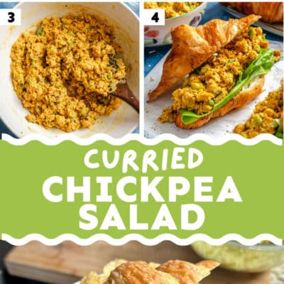 Step-by-step images showing curry chickpea salad being made with smashed chickpeas, spices, and vegetables, then served on a croissant with lettuce, alongside potato chips. Text reads Curried Chickpea Salad.