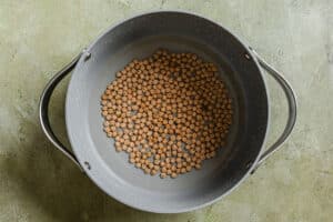 A gray pot filled with water and dried chickpeas sits on a green textured surface.