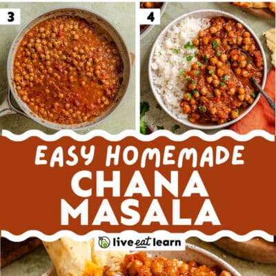 Four-step photo collage showing the cooking process of Easy Chana Masala, followed by an overhead shot of the finished chickpea curry served with rice. Text overlay reads Easy Homemade Chana Masala, making this Chana Masala recipe simple and accessible for everyone.