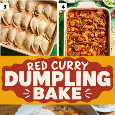 Step-by-step images show the process of assembling and baking a flavorful red curry dumpling bake, ending with a serving of golden dumplings and rice in a bowl.