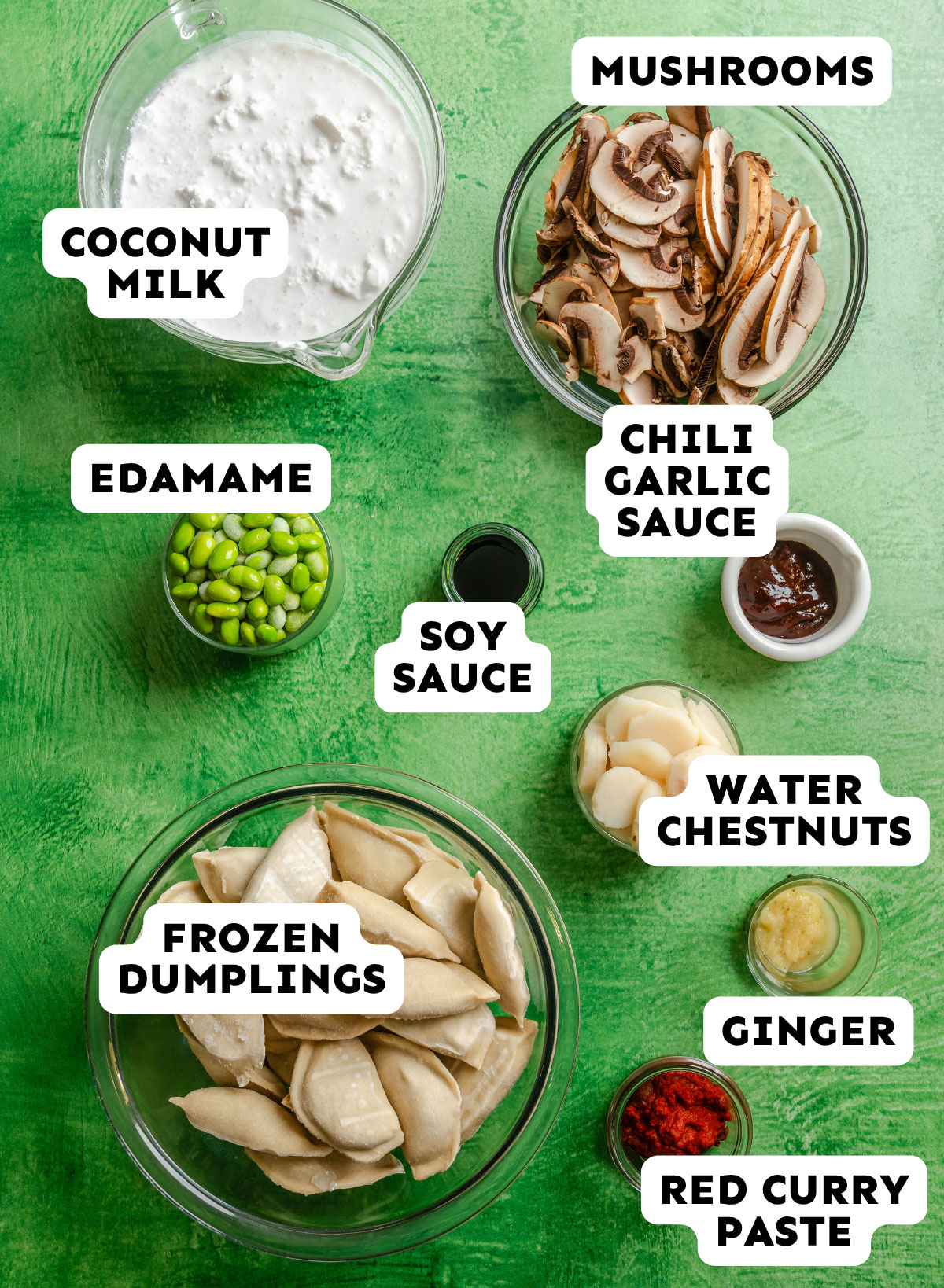 Various labeled ingredients in glass bowls on a green surface, including coconut milk, mushrooms, edamame, soy sauce, chili garlic sauce, water chestnuts, ginger, frozen dumplings, and red curry paste—everything you need to make a flavorful Thai Dumpling Casserole with an easy dump and bake method.