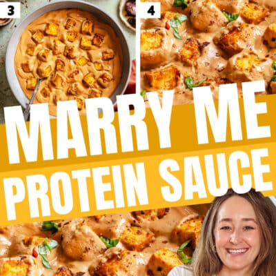 Four-step collage showing blending of ingredients, cooking tofu cubes in creamy vegan sauce, and a woman holding the finished dish labeled Marry Me Protein Sauce. This irresistible tofu sauce brings rich flavor and satisfying texture to every bite.
